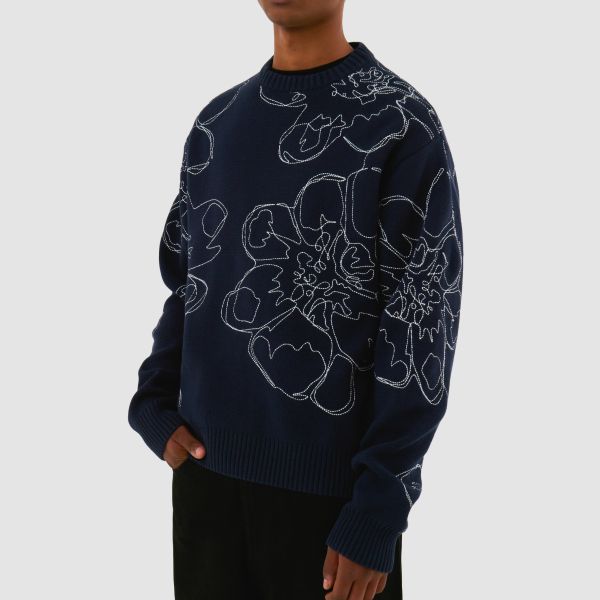 Arte Antwerp Embroidered Flower Knit Sweater Navy