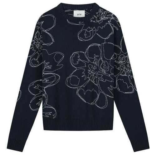 Arte Antwerp Embroidered Flower Knit Sweater Navy