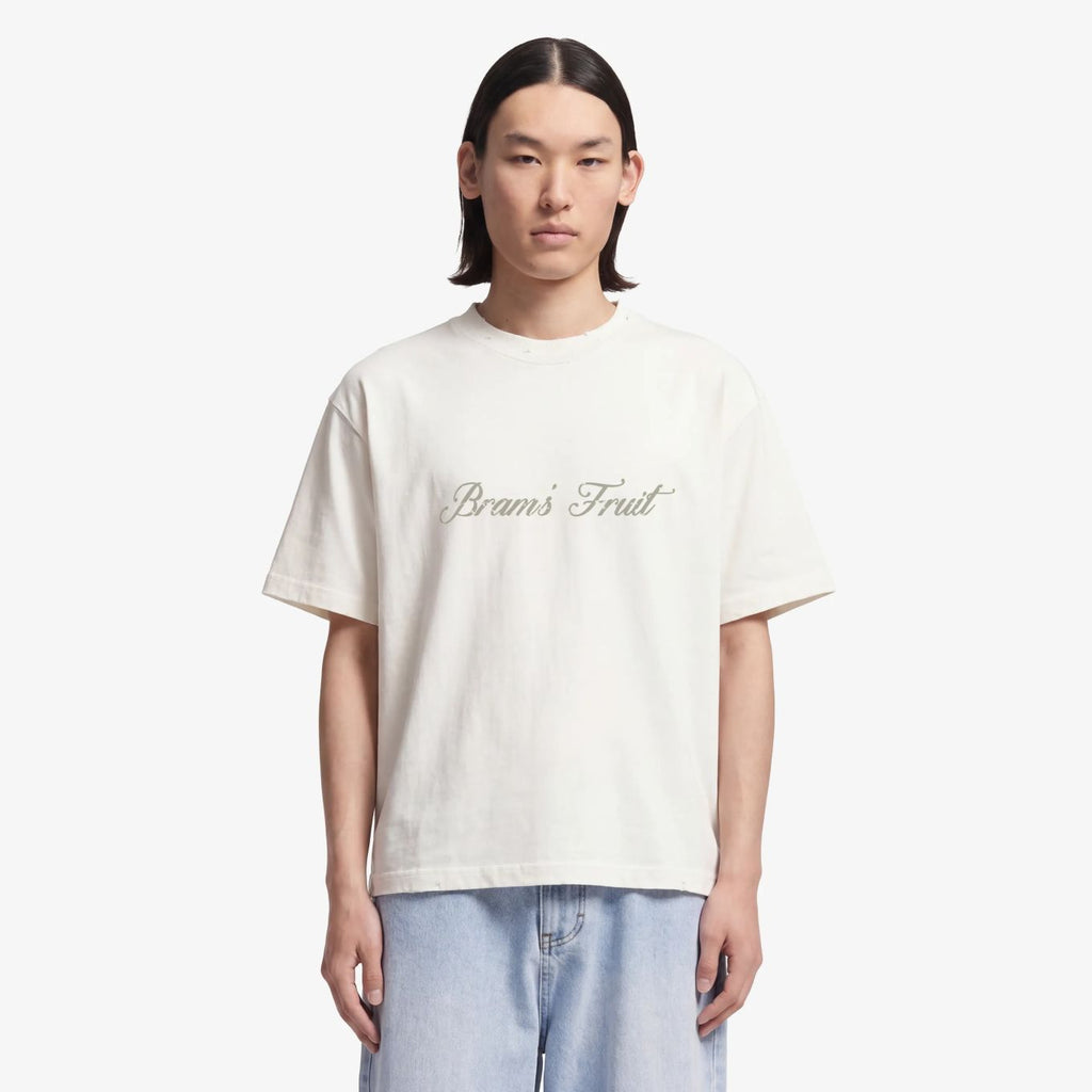 Bram’s Fruit Distressed Script Logo T-shirt Off White