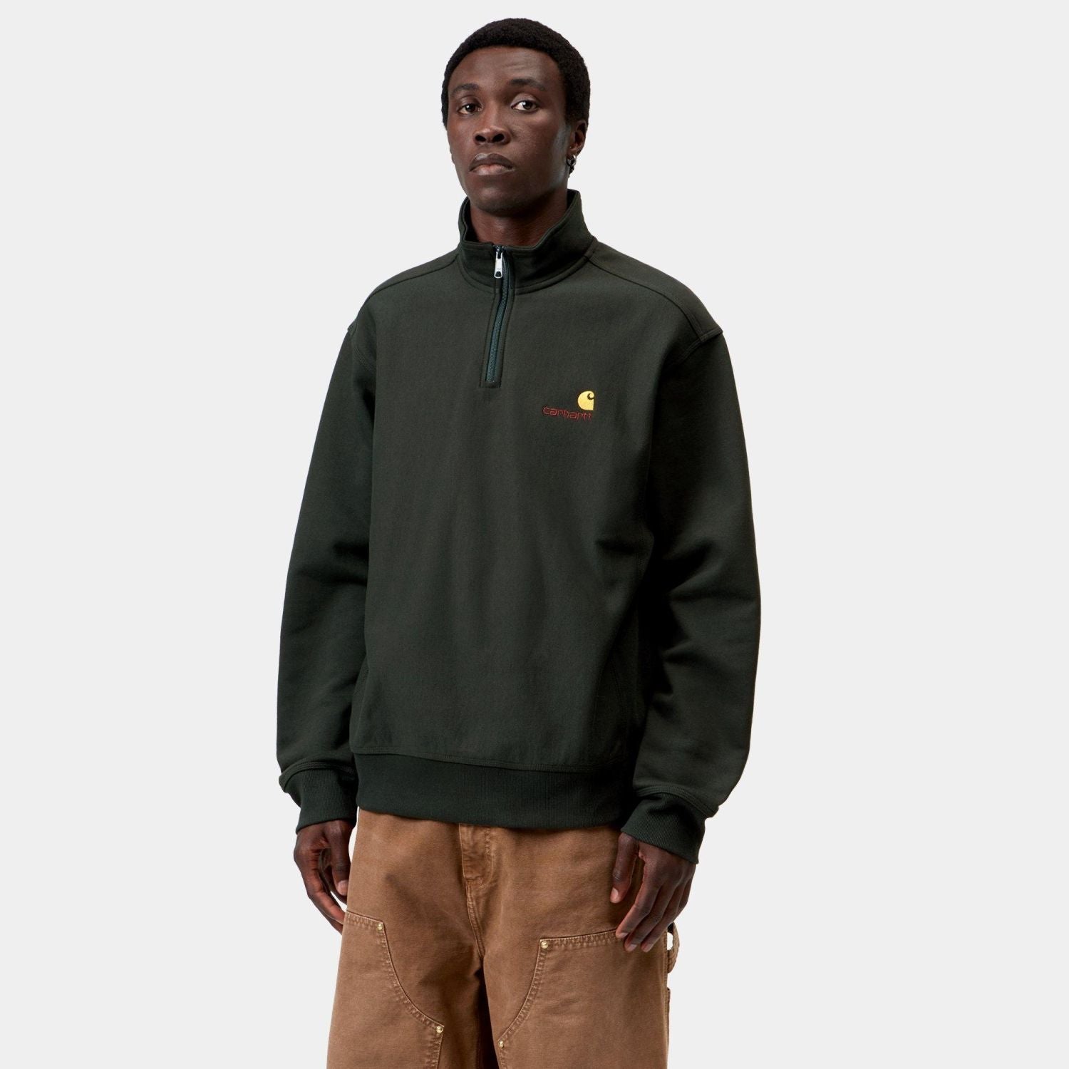 Carhartt WIP Half Zip American Script Sweater Donker Groen