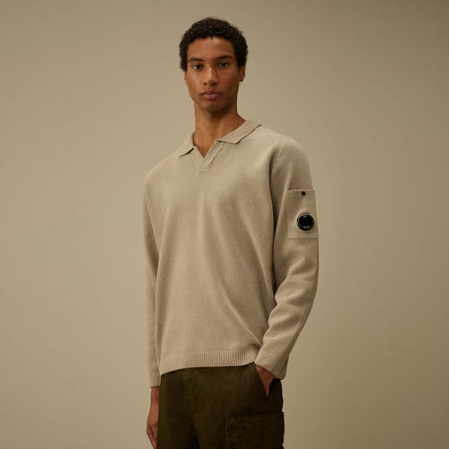 CP Company Chenille Lens Knit Polo Sweater Beige