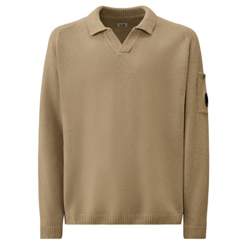 CP Company Chenille Lens Knit Polo Sweater Beige