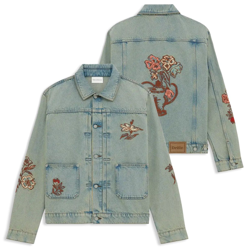 Drôle De Monsieur Dusty Brodée Fleurs Spijkerjas Blauw