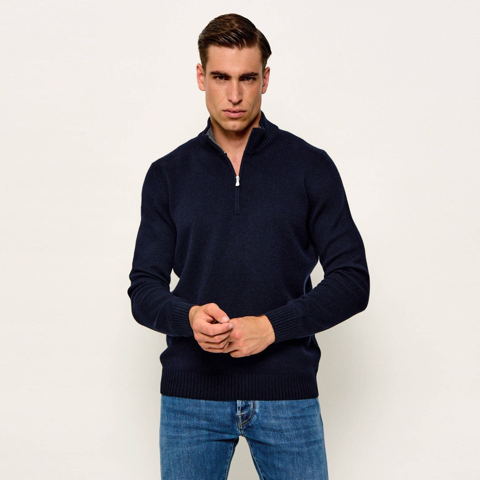 Gran Sasso Knitted Mock Zip Sweater Navy