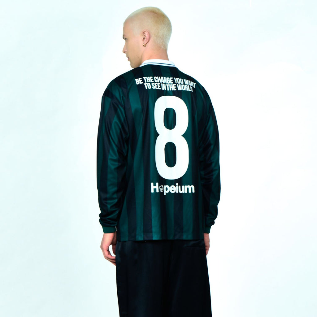 Hopeium Football Striped Longsleeve Polo Donker Groen/Navy