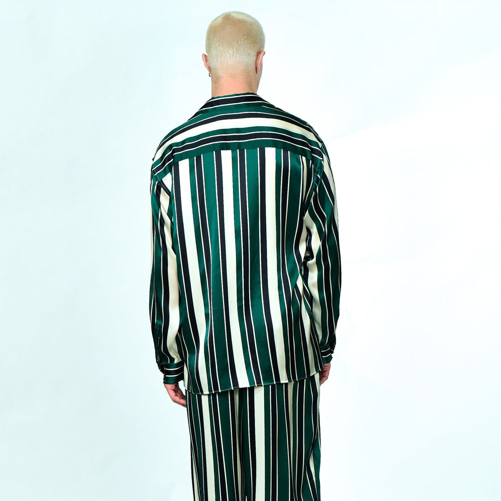 Hopeium Striped Silk Overhemd Donker Groen/Off White/Navy