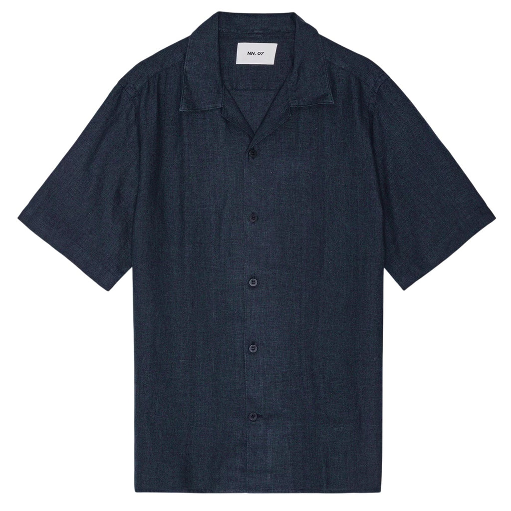 NN.07 Julio Open Collar Linen Overhemd Navy