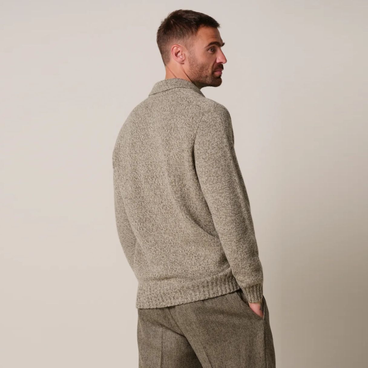 Profuomo Open Collar Cashmere Longsleeve Polo Bruin