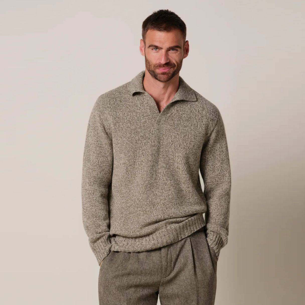 Profuomo Open Collar Cashmere Longsleeve Polo Bruin