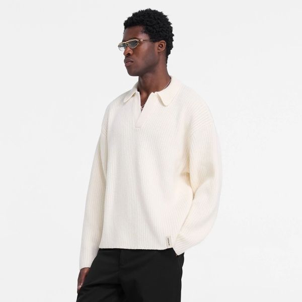 Represent Ribbed Knit Longsleeve Polo Off White