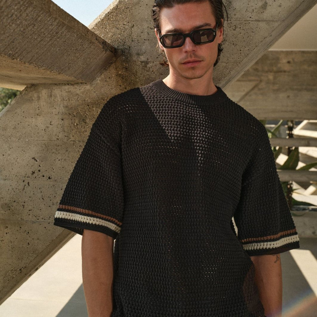 The Couture Club Crochet Knitted Stripe T-shirt Zwart