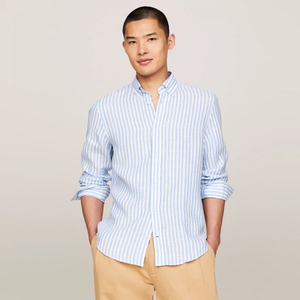 Tommy Hilfiger Bold Linen Stripe Overhemd Blauw/Wit