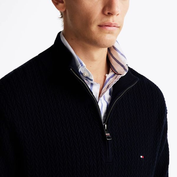 Tommy Hilfiger Herringbone Structure Zip Mock Sweater Navy