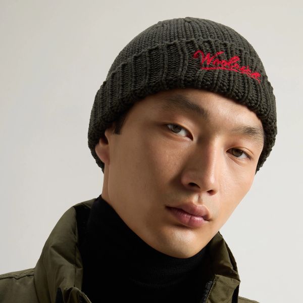 Woolrich Merino Wool Logo Muts Donker Groen