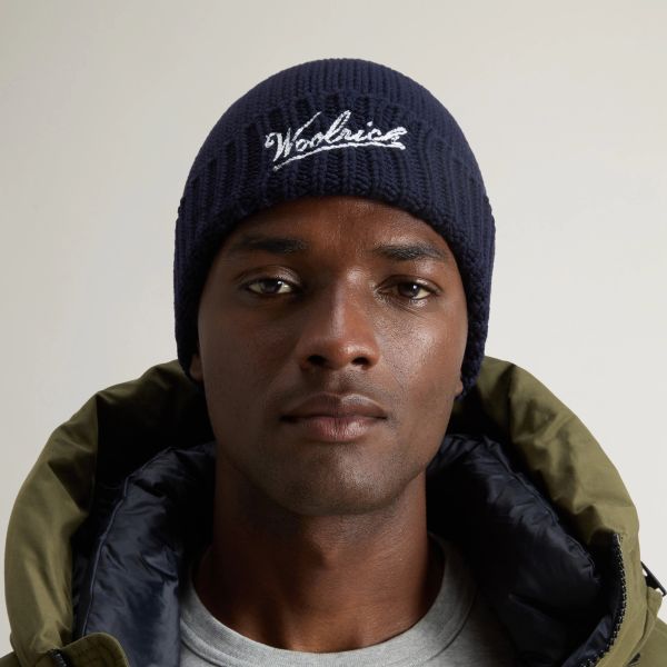 Woolrich Merino Wool Logo Muts Navy